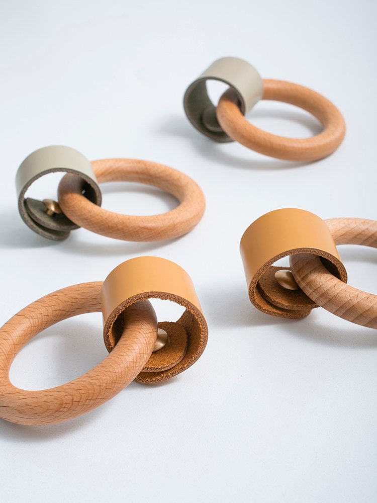 Wood circular cowhide Cabinet Pulls, Wood Leather Drawer Pulls Knobs leather Handles, Dresser Knobs handle, Nordic Furniture Hardware