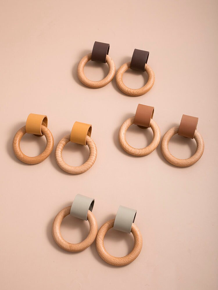 Nordic Cowhide Leather Drawer Pulls Knobs leather Handles pull, Wood circular Cabinet Pulls, Dresser Kitchen Knobs handle Furniture Hardware