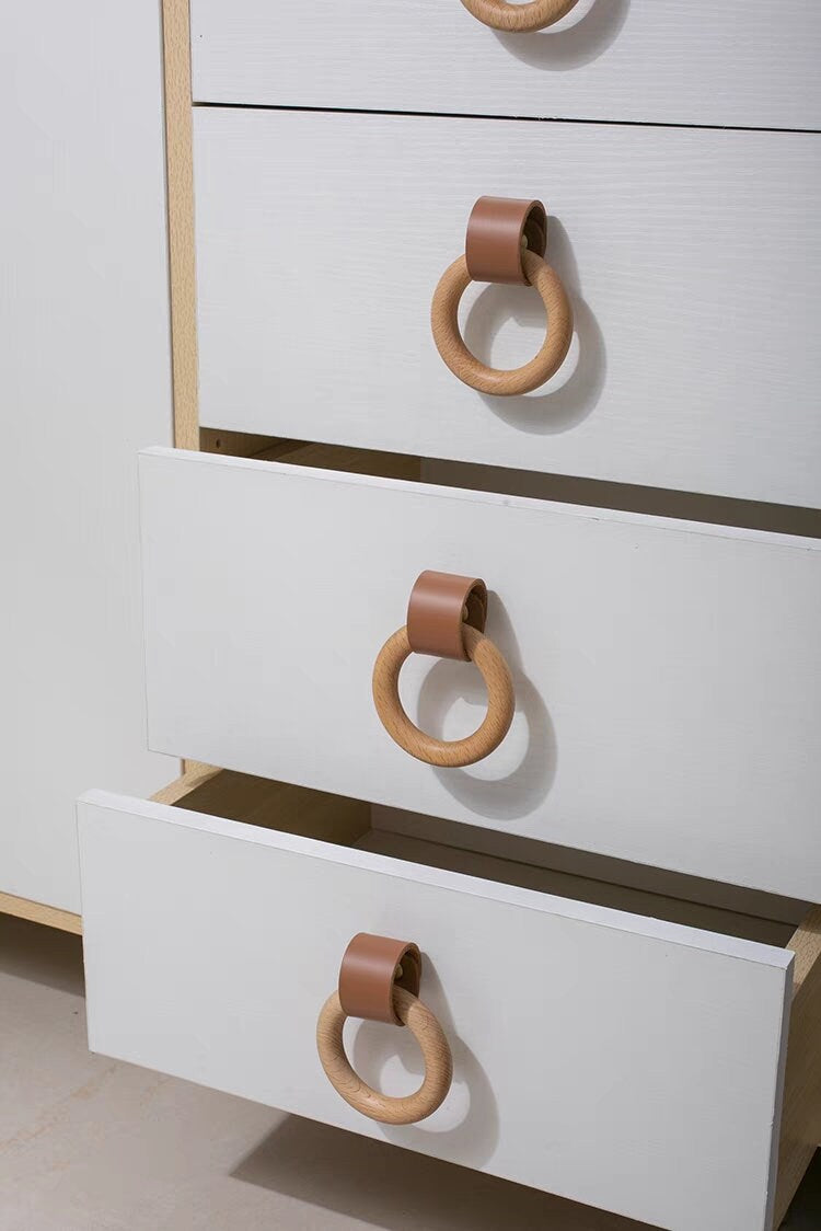 Nordic Cowhide Leather Drawer Pulls Knobs leather Handles pull, Wood circular Cabinet Pulls, Dresser Kitchen Knobs handle Furniture Hardware