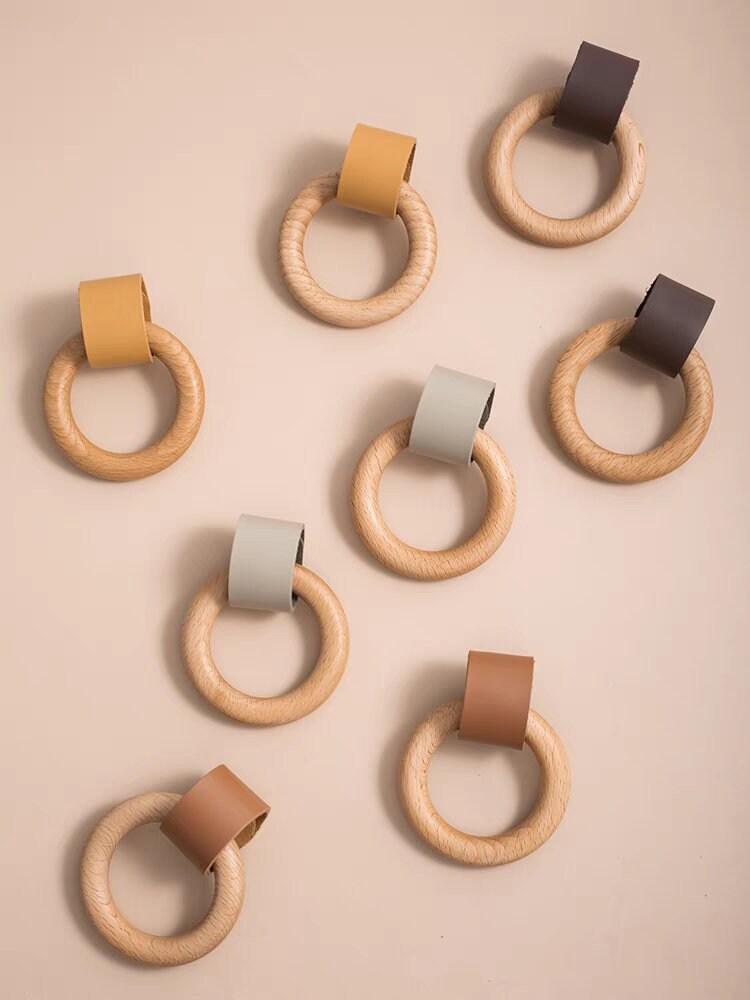 Nordic Cowhide Leather Drawer Pulls Knobs leather Handles pull, Wood circular Cabinet Pulls, Dresser Kitchen Knobs handle Furniture Hardware