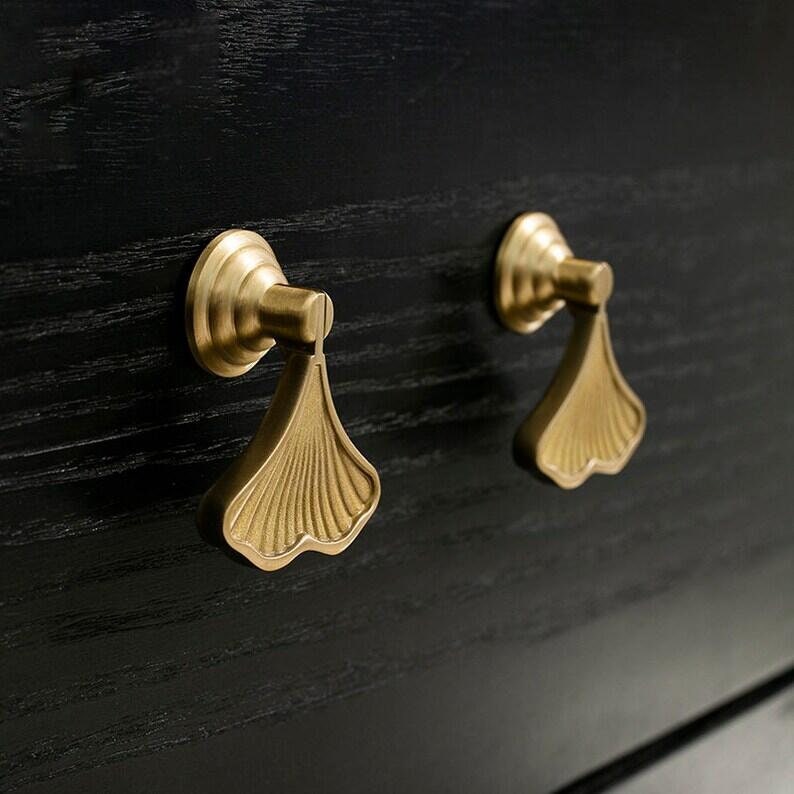 2PCS Solid Brass Ginkgo Knobs, leave drop knobs, DIY drawer dresser pulls, Furniture knobs, wardrobe Cabinet Knobs Furniture hardware