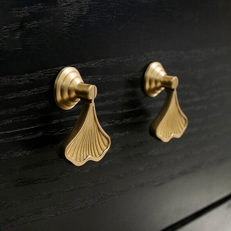 Solid Brass Ginkgo Knobs, leave drop cabinet handle knobs, DIY drawer dresser handle pulls, wardrobe Knob, Cabinet Knobs, furniture hardware