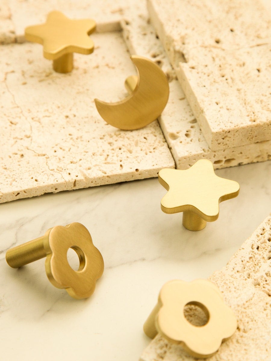 Brass star moon Knobs, nursery room knobs, twinkle Furniture knobs, Flower drawer pulls , wardrobe Knob, Cabinet Knobs, furniture hardware
