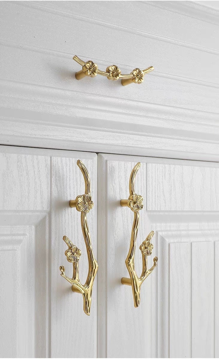 Flower with branch Drawer Handles, 3.3" Cabinet Door Handles Pull, Flower Drawer Pulls Knobs Handles, Wardrobe handle, Decorative Knob Pull