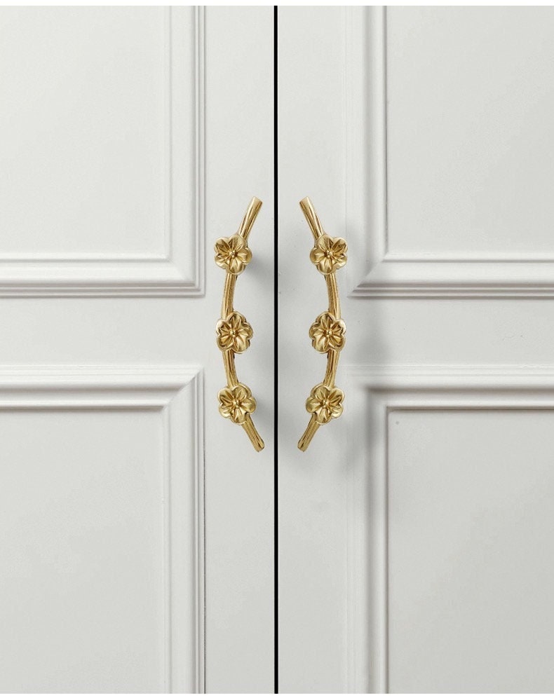 Flower with branch Drawer Handles, 3.3" Cabinet Door Handles Pull, Flower Drawer Pulls Knobs Handles, Wardrobe handle, Decorative Knob Pull