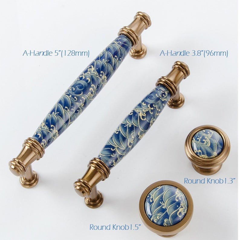 Classical blue wave Ceramic Cabinet handle Vintage Dresser Knobs Drawer Pull Handles, Closet Wardrobe Pulls Knobs, Furniture hardware