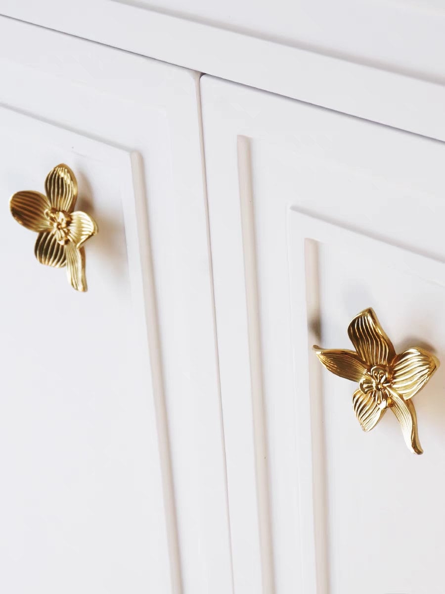 Bright Gold Flower Cabinet Door Handles Pull, Brass Flower Drawer Pulls Knobs Handles, Wardrobe Knobs handle, Home deco, Furniture Hardware