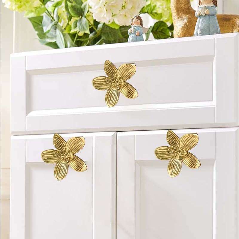 Bright Gold Flower Cabinet Door Handles Pull, Brass Flower Drawer Pulls Knobs Handles, Wardrobe Knobs handle, Home deco, Furniture Hardware