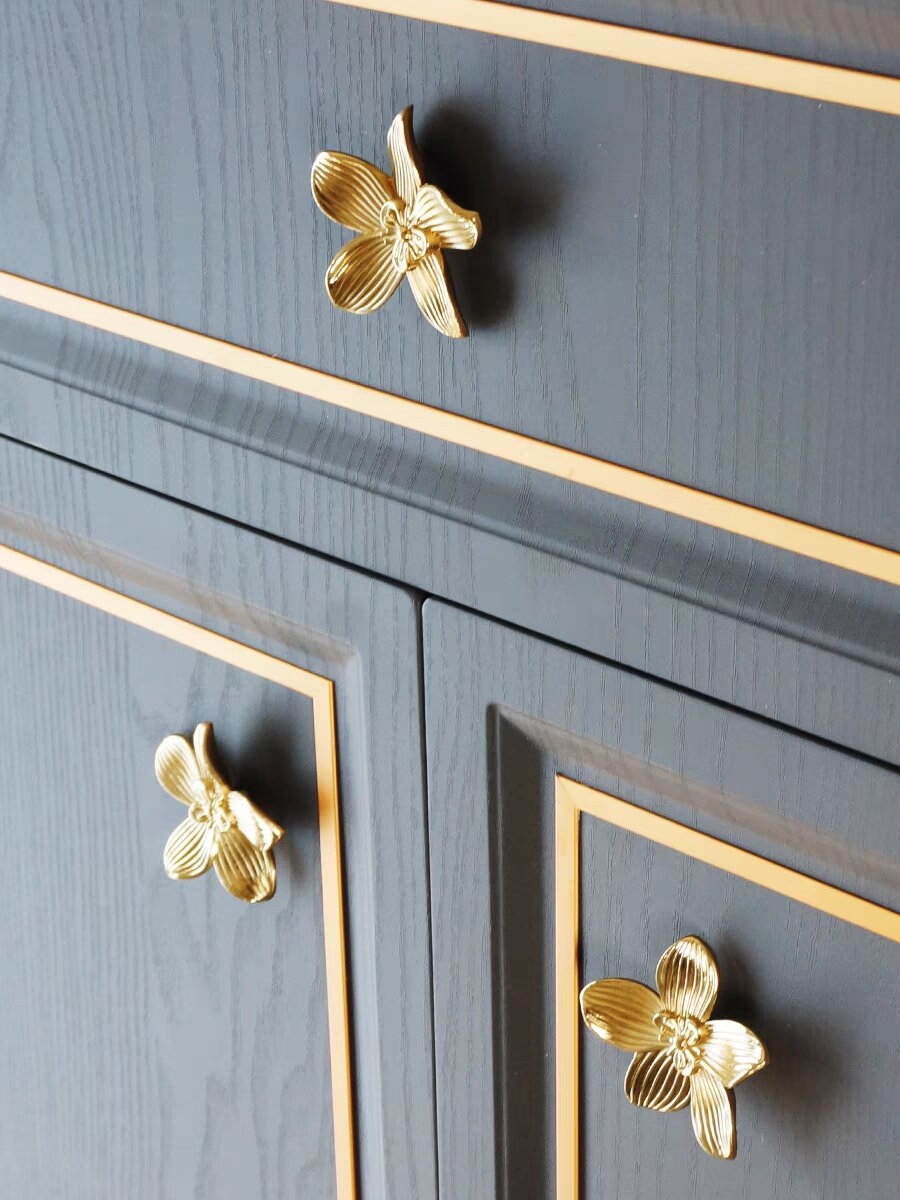 Bright Gold Flower Cabinet Door Handles Pull, Brass Flower Drawer Pulls Knobs Handles, Wardrobe Knobs handle, Home deco, Furniture Hardware