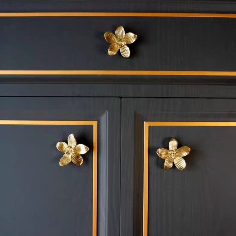 Bright Gold Flower Cabinet Door Handles Pull, Brass Flower Drawer Pulls Knobs Handles, Wardrobe Knobs handle, Home deco, Furniture Hardware