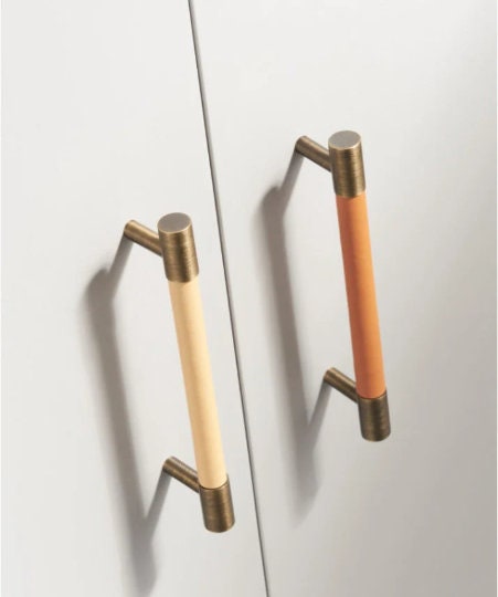 Hand-stitched leather Drawer handles, Antique Brass Cowhide Cabinet Handles Pull, Dresser handle Pull Knobs Wardrobe handle Cabinet Hardware