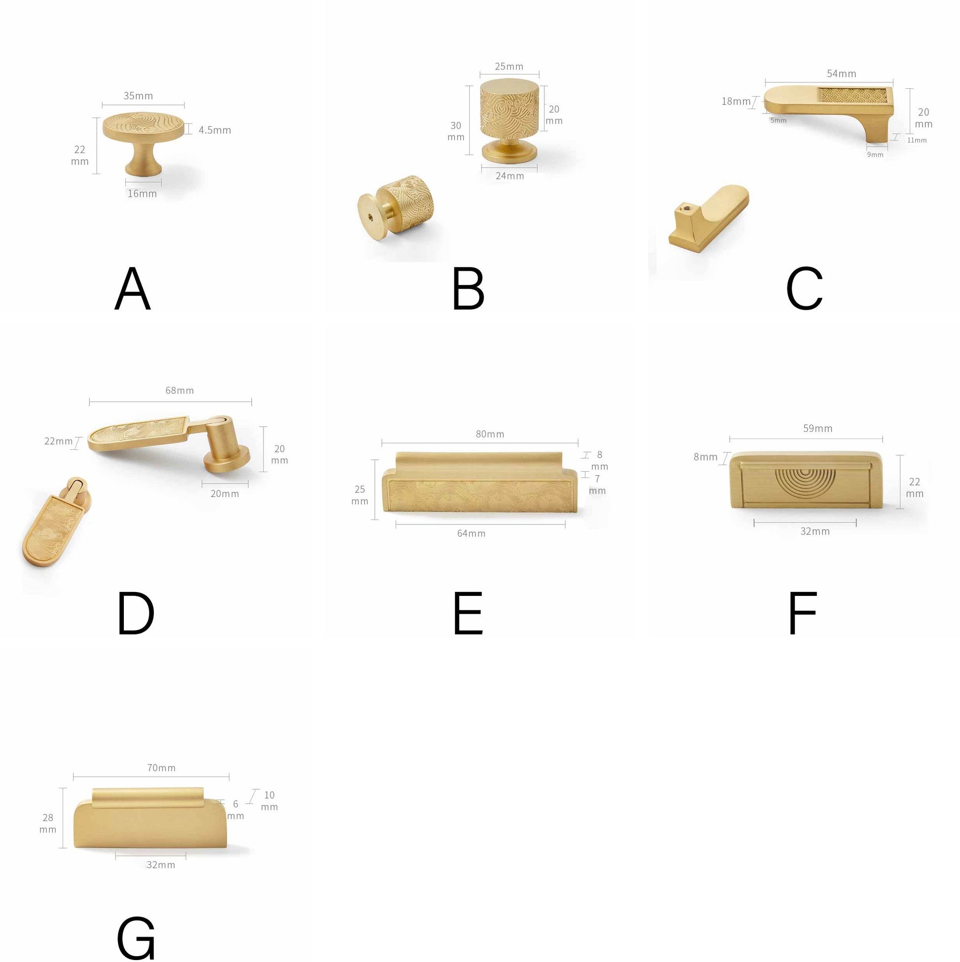 Waves Cylindrical Cabinet handles Pulls, Brass Drawer Drop Knobs Pulls Handles, Golden Dresser Knobs handle Wardrobe knob Furniture Hardware