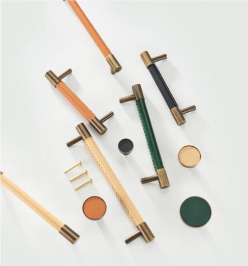 Hand-stitched leather Drawer handles, Antique Brass Cowhide Cabinet Handles Pull, Dresser handle Pull Knobs Wardrobe handle Cabinet Hardware